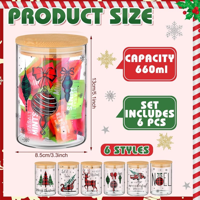 Shellwei 6 Pcs Christmas Glass Storage Jar with Airtight Bamboo Lid Buffalo Plaid Canister Sets Christmas Tree Sled Cookie Jars Candy Storage 19oz for Kitchen Containers Countertop Decoration - Image 2